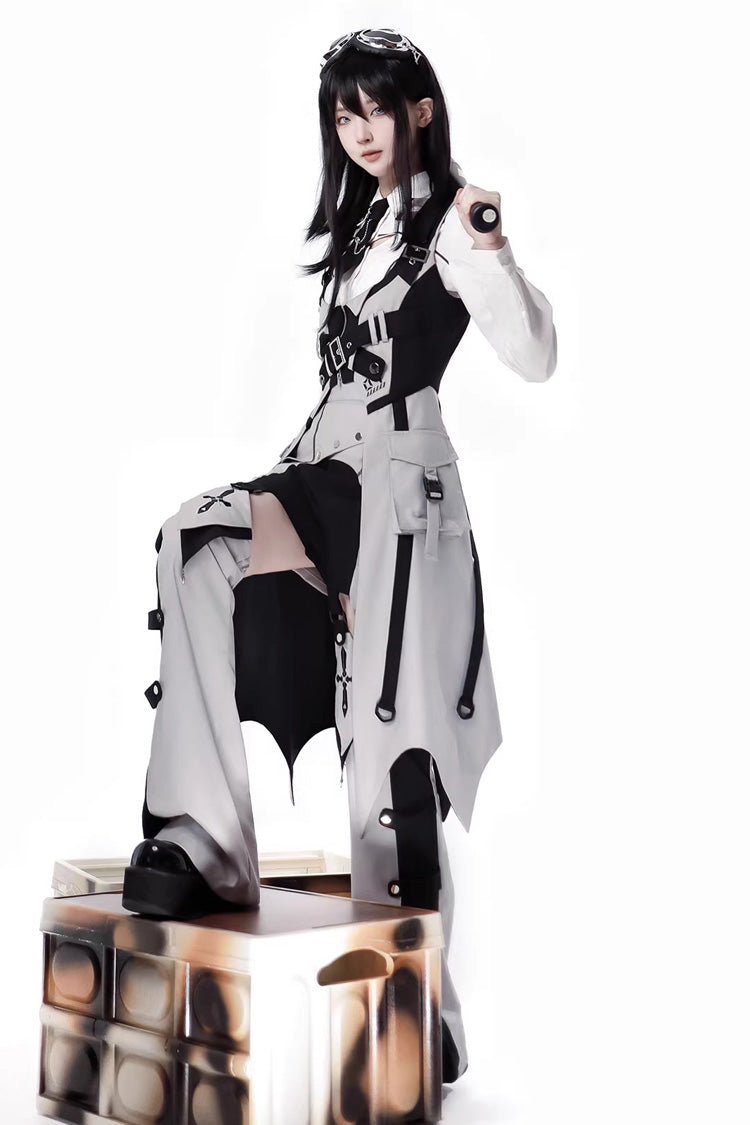 Black/White Long Sleeves Color Matching Handsome Sci-fi Lolita Skirt Set