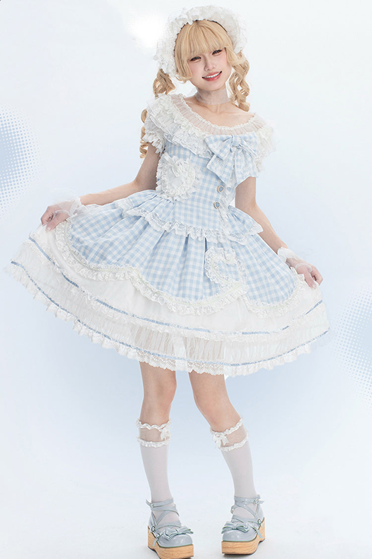 Blue Tea Break Sweetheart Short Sleeves Multi-Layered Plaid Print Ruffle Sweet Lolita Dress