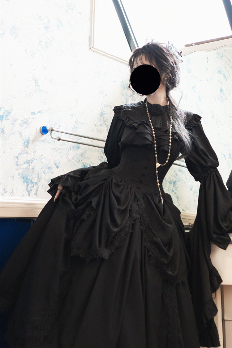 Black Sleepwalking Long Hime Sleeves Stitching Lace Plus Size Gothic Elegant Lolita Skirt Set