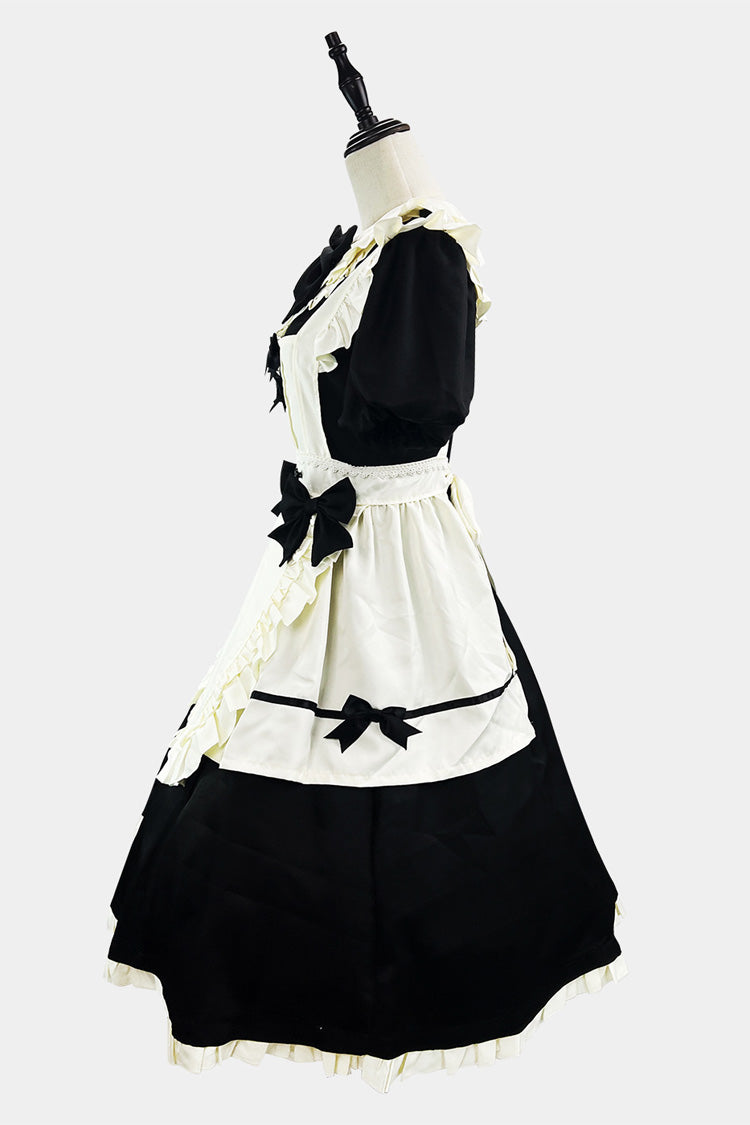 Black/White Short Sleeves Ruffle Bowknot Lace Plus Size Sweet Maid Long Lolita Dress