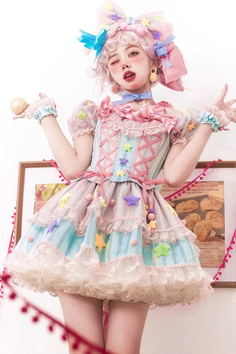 Pink Sugar Magic Print Ruffle Bowknot Lace Lace-Up Sweet Lolita Dress