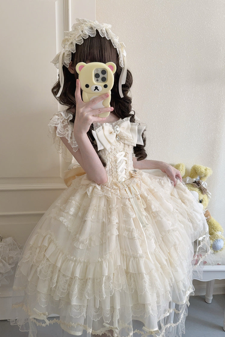 Apricot Eternal Vow Sleeveless Multi-Layered Ruffle Hanayome Bowknot Lace Lace-Up Sweet Lolita Jsk Dress
