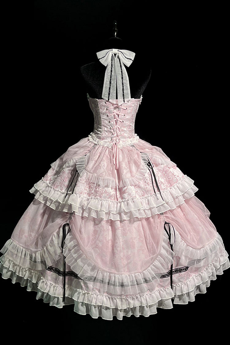 Pink Cross Halterneck Ruffle Bowknot Lace Lace-Up Princess Sweet Lolita Dress
