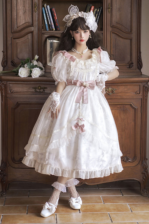 White Lace Ruffled Round Collar Short Sleeves Long Hanayome Sweet Lolita Dress