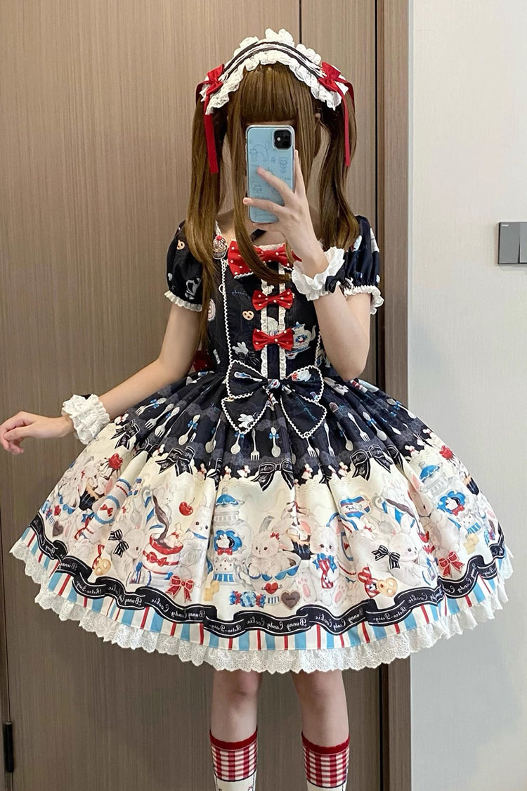 Black Mystery Rabbit Tea Party Square Collar Short Sleeves Print Ruffle Bowknot Lace Sweet Lolita Dress