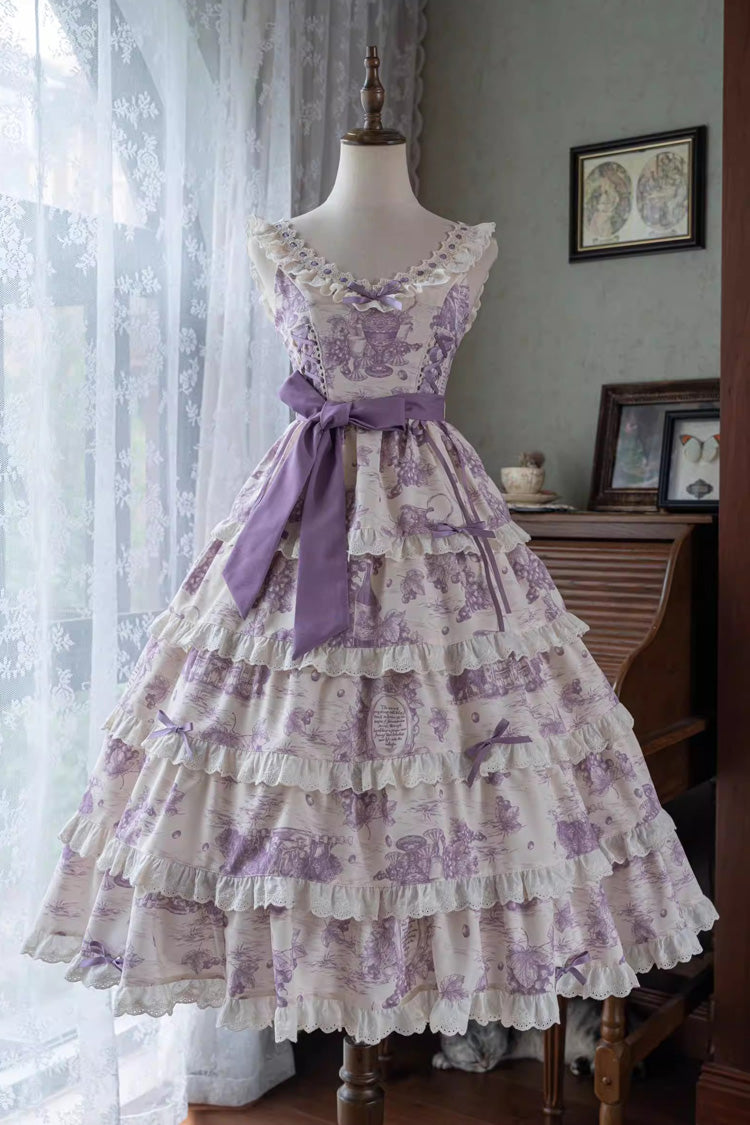 Purple Grape Moon Almanac Sleeveless Multi-Layered Printed Ruffled Bow Adjustable-Length Sweet Lolita Jsk Dress
