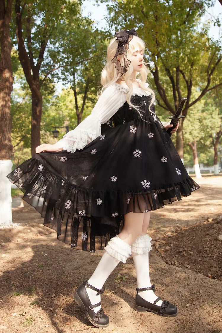 Feather Snowflake Embroidery Print Sleeveless Ruffle Bowknot Sweet Lolita Jsk Dress 3 Colors