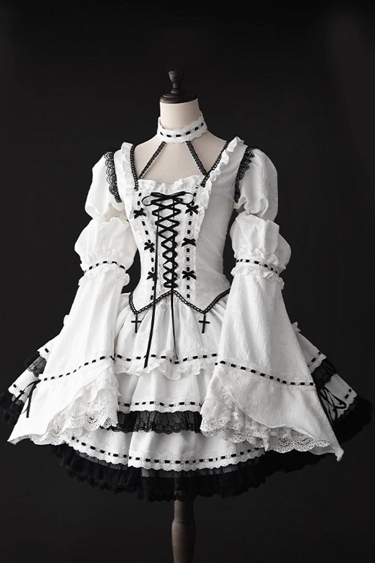 White Witch Long Trumpet Sleeves Double-Layered Ruffle Bowknot Lace-Up Gothic Lolita Skirt Dress Set