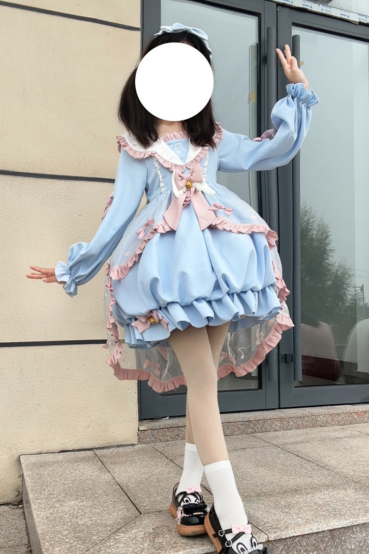 Blue Long Sleeves Music Notes Print Ruffle Bowknot Lace Sweet Lolita Dress