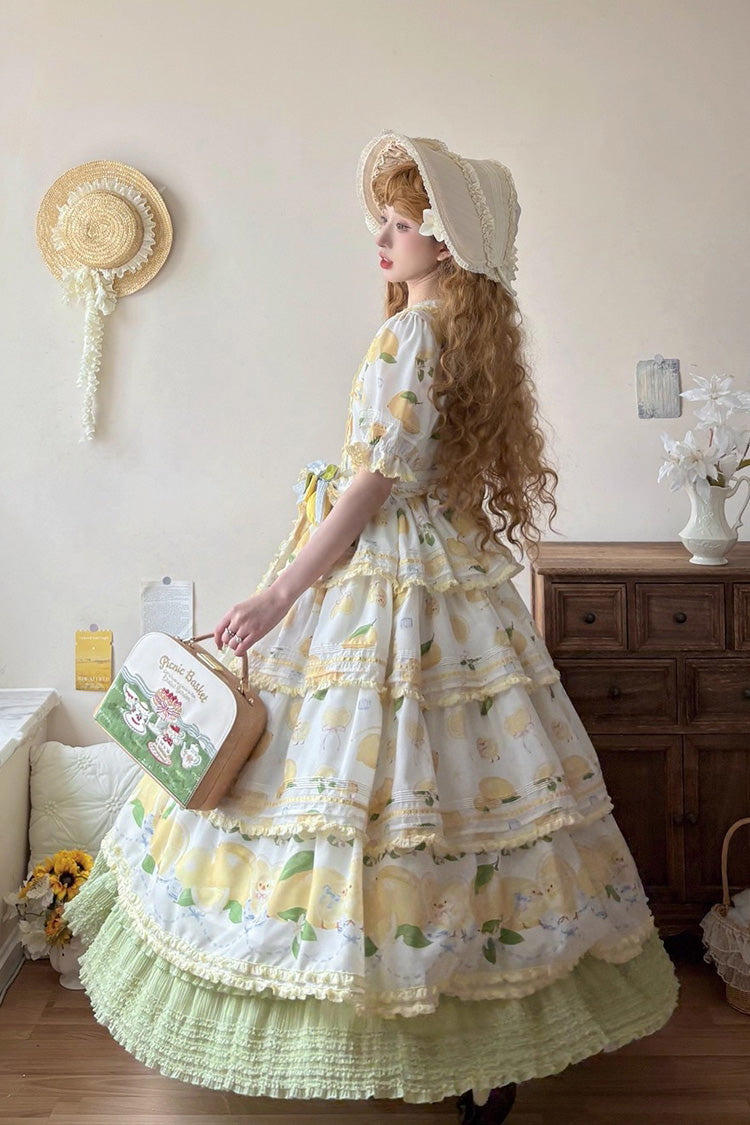 White Lemon Chicken Short Sleeves Triple-Layered Print Ruffle Bowknot Lace Sweet Gorgeous Lolita Dress