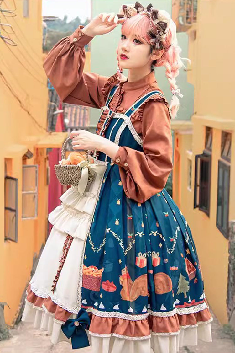 Multi-Color Christmas Far Away Print Ruffle Bowknot Sweet Princess Lolita Jsk Dress