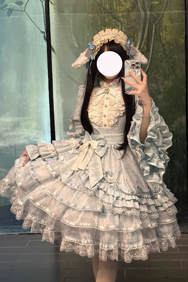 Blue The Soloist Doll Long Hime Sleeves Multi-Layered Print Ruffle Bowknot Asymmetric Sweet Lolita Dress