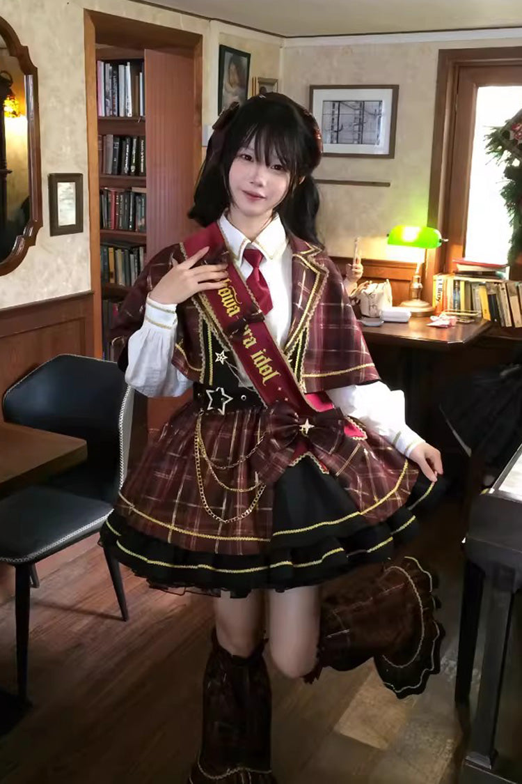 Red Shōwa Little Idol Lapel Collar Long Sleeves Ruffled Open-Front Bow Asymmetric Classic Lolita Skirt Set