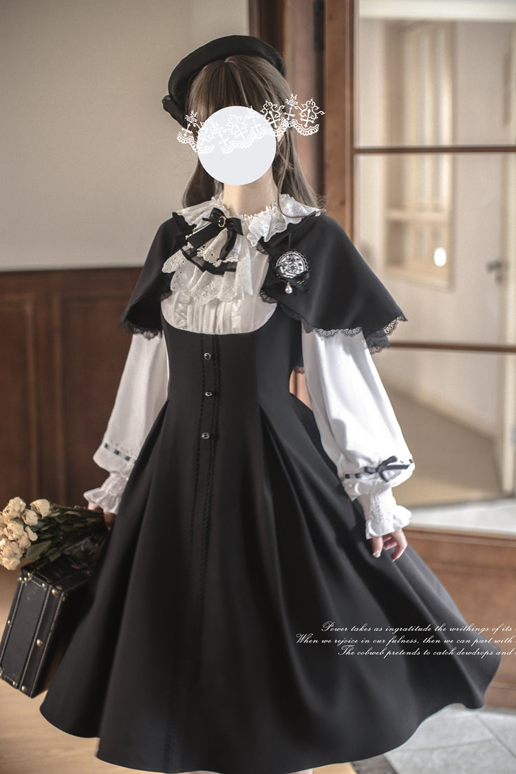 Black/White Sunset Academy Long Sleeves Ruffle Bowknot Fake Two Pieces Vintage College Style Elegant Lolita Dress