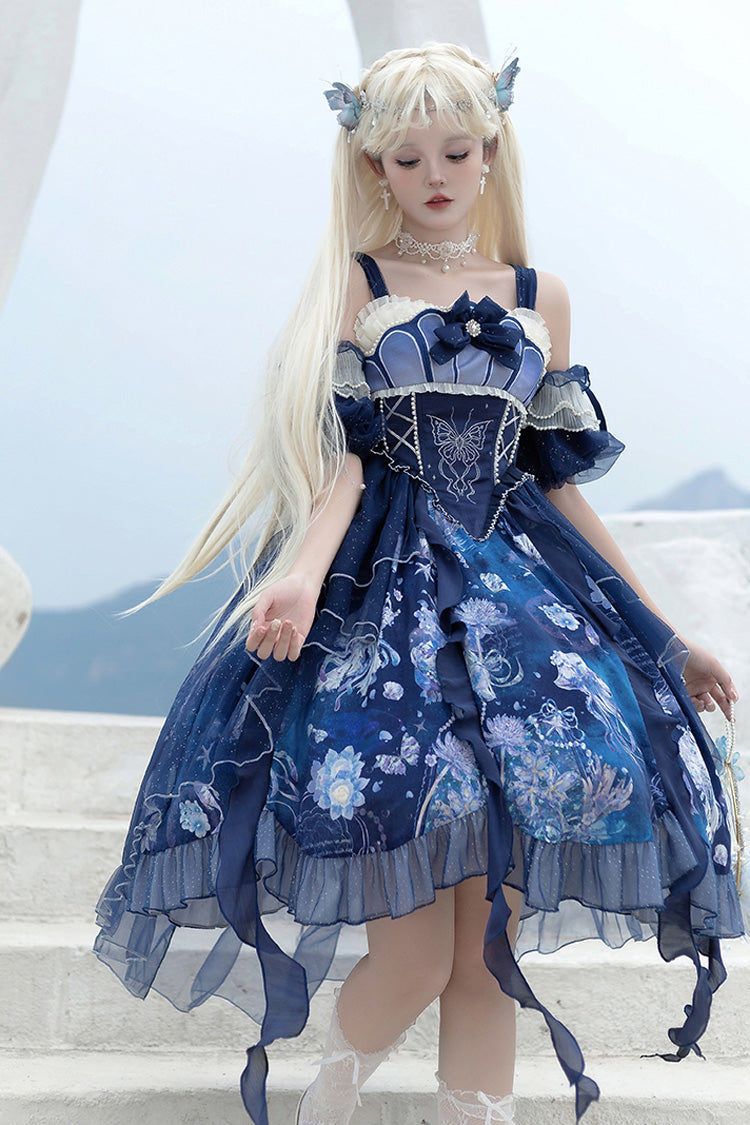 Blue Deep Sea Jellyfish Print Ruffle Lace Sweet Elegant Lolita Jsk Dress