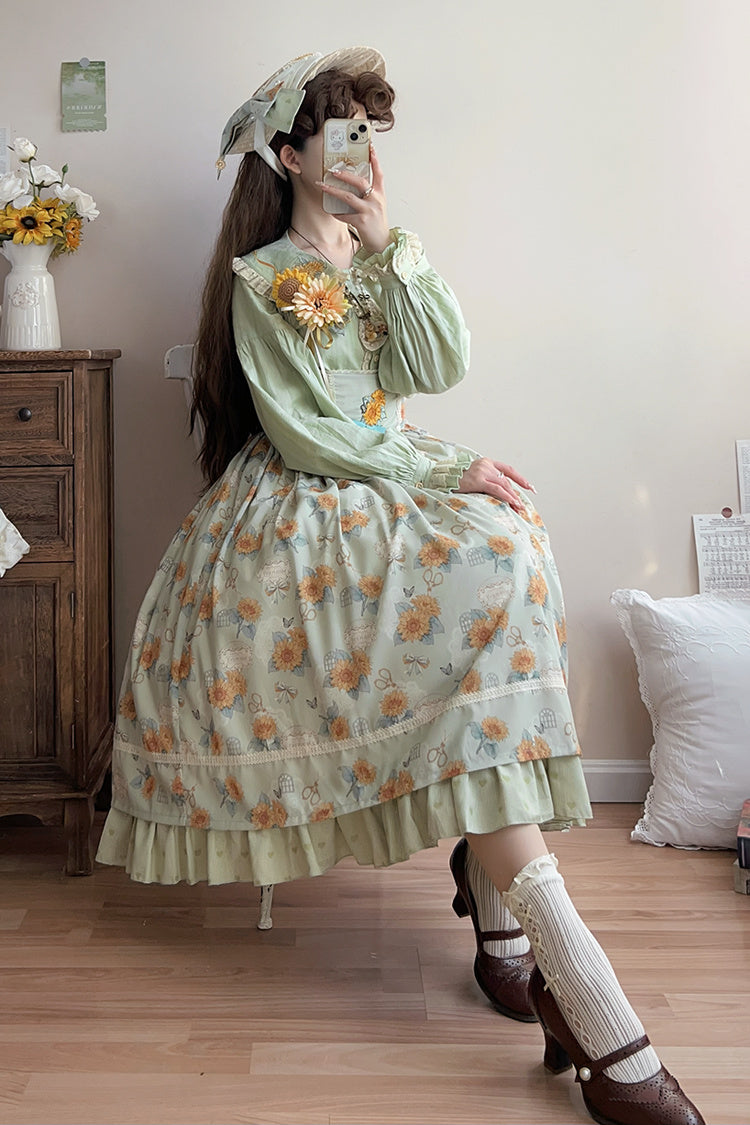 Green Gardening Sunflower Sleeveless Print Ruffle Bowknot Sweet Elegant Uplift Lolita Jsk Dress