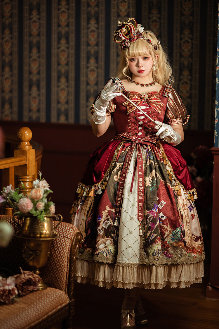 Red Kaleidoscope of Dreams Double-Layered Print Embroidery Bowknot Lace-Up Classic Vintage Gorgeous Lolita Dress