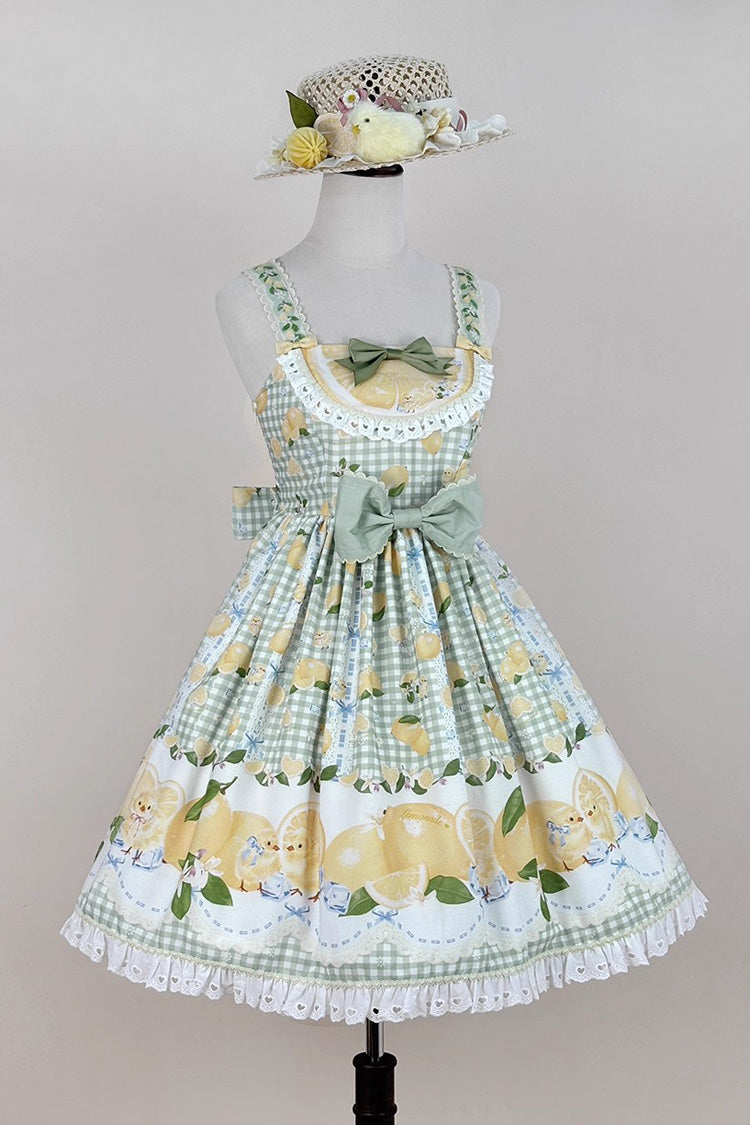 Green Lemon Chicken Print Ruffle Bowknot Lace Sweet Lolita Jsk Dress