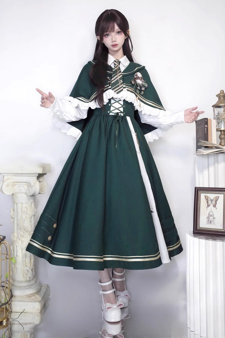 Green Time Traveler Print College Style Sweet Lolita Strap Dress 4 Piece Set