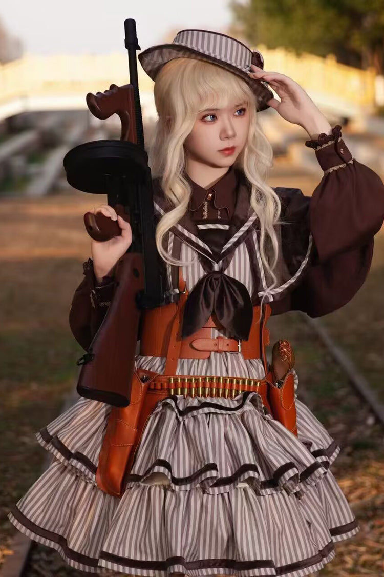 From Afar Sleeveless Triple-Layered Stripe Print Bowknot Sweet College Style Lolita Dress 2 Colors