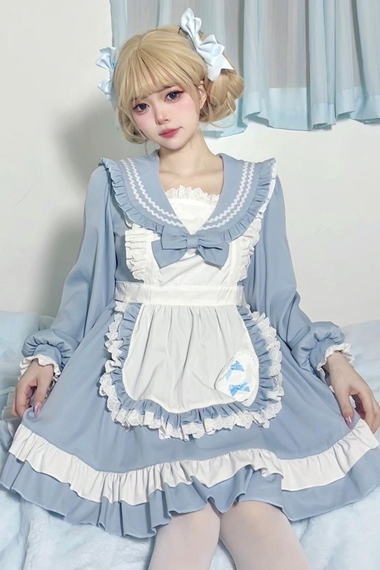 Blue Maid Long Sleeves Ruffle Bowknot Sweet College Style Lolita Dress 2 Colors