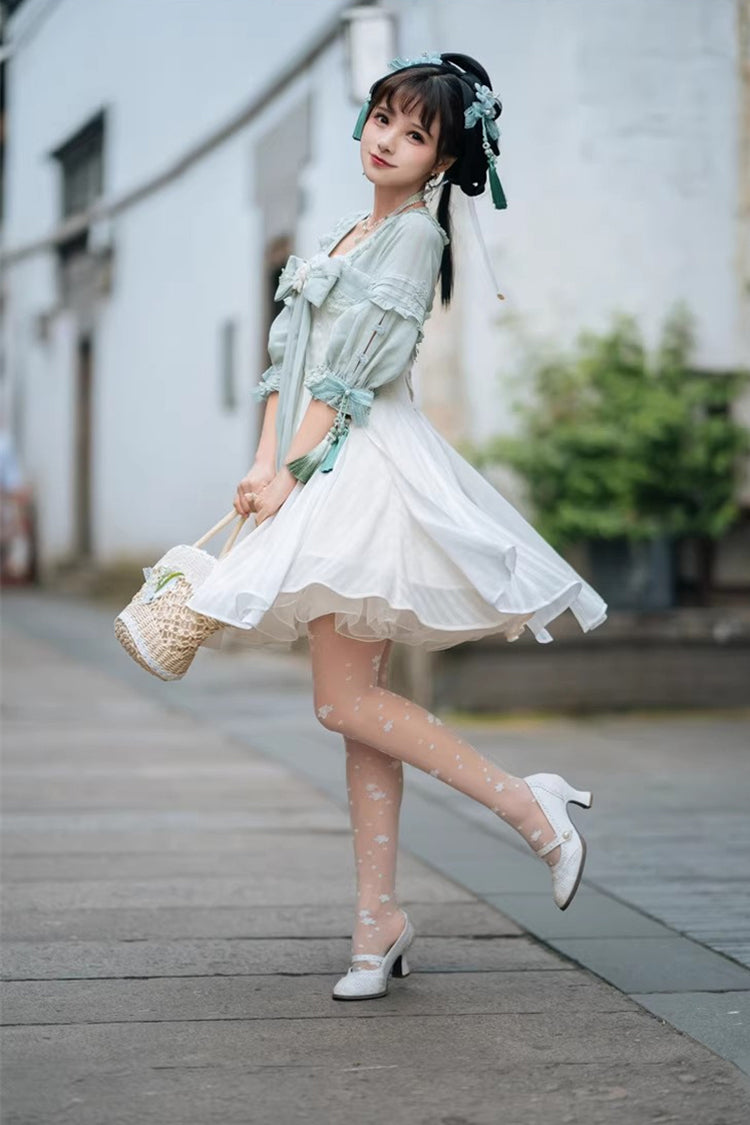 White/Green Half Sleeves Ruffled Bow Sweet Chinese Style Lolita Hanfu Dress