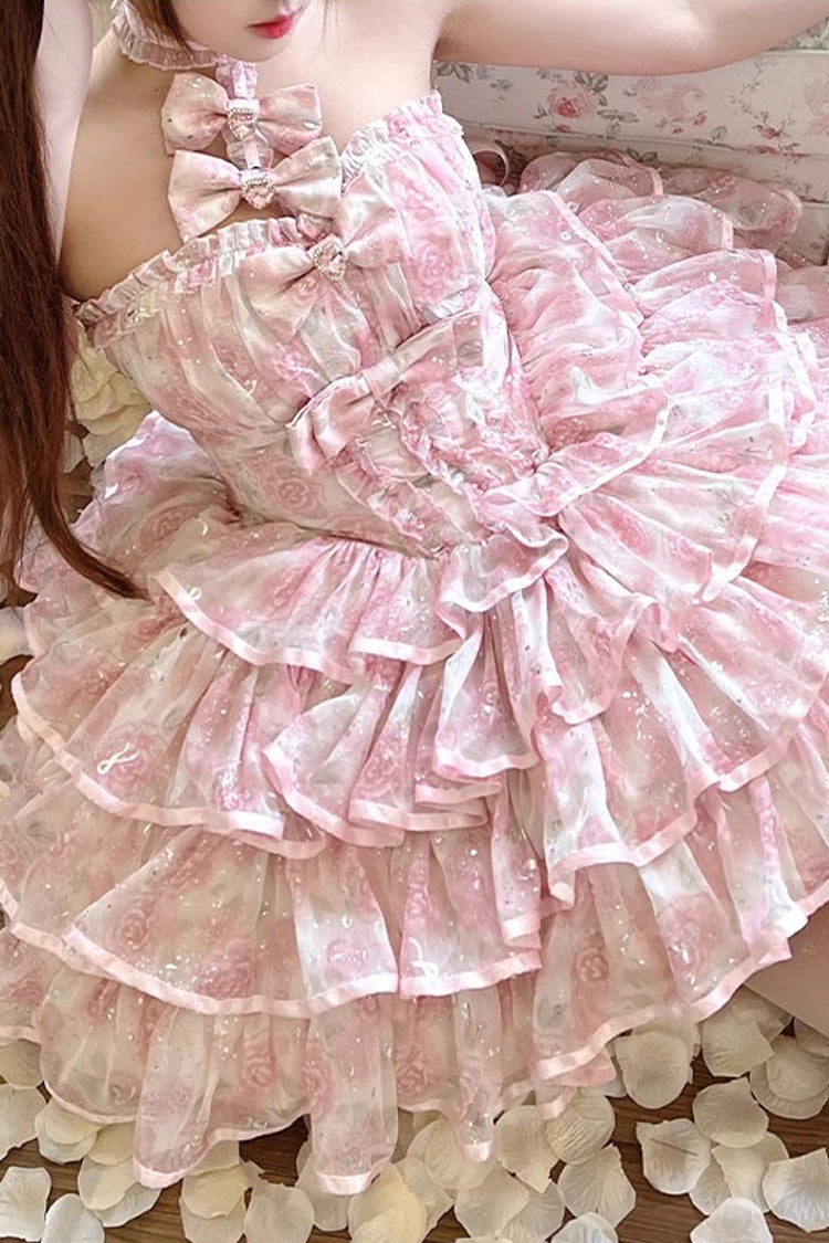 Pink Broken Silver Rose Halterneck Sleeveless Multi-Layered Ruffle Bowknot Sweet Princess Lolita Tiered Dress