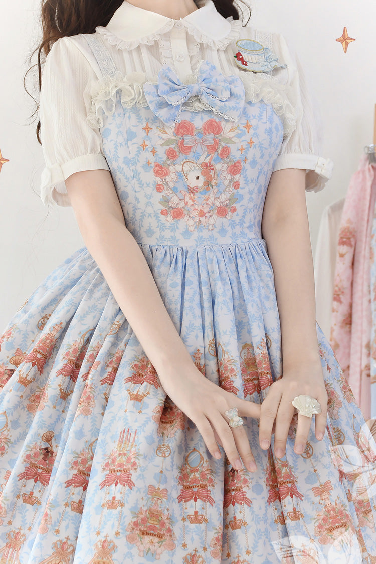Blue Rose Garden Rabbit Print Ruffle Bowknot Sweet Lolita Dress