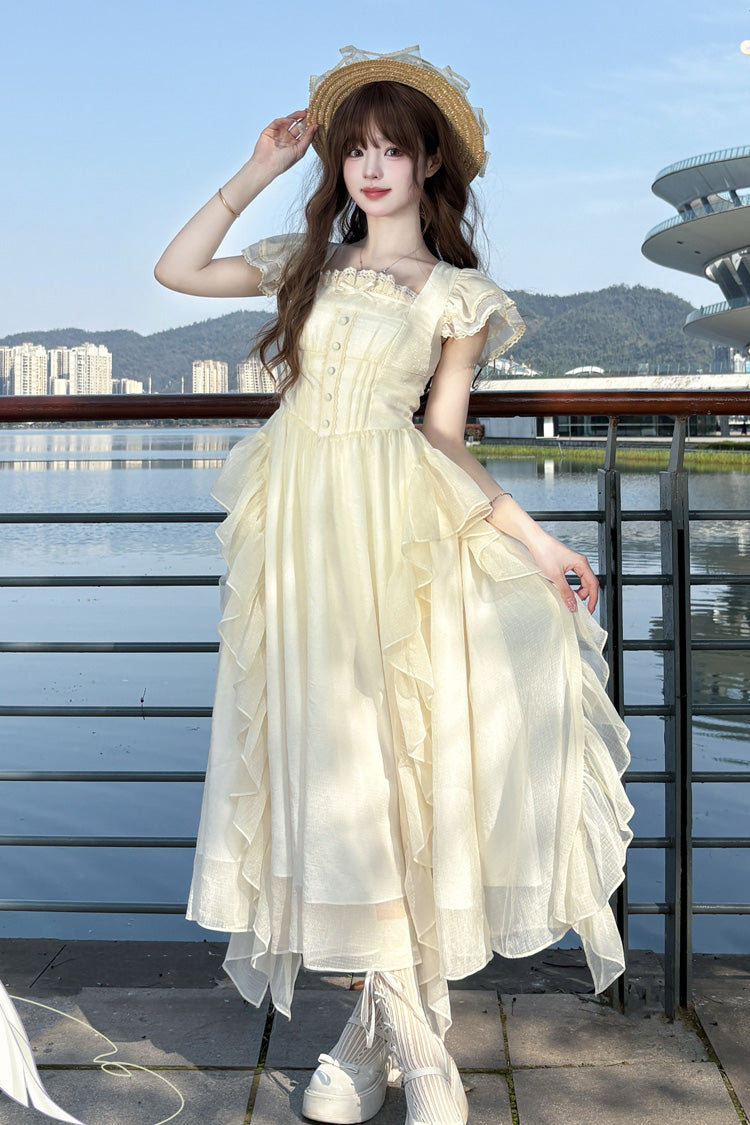 Apricot Moonlight Beach Square Collar Short Sleeves Ruffle Sweet Lolita Dress