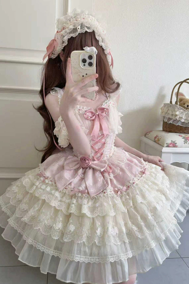 Pink Rose Canticle Sleeveless Multi-Layered Bowknot Lace Lace-Up Pearl Ballet Sweet Lolita Jsk Dress