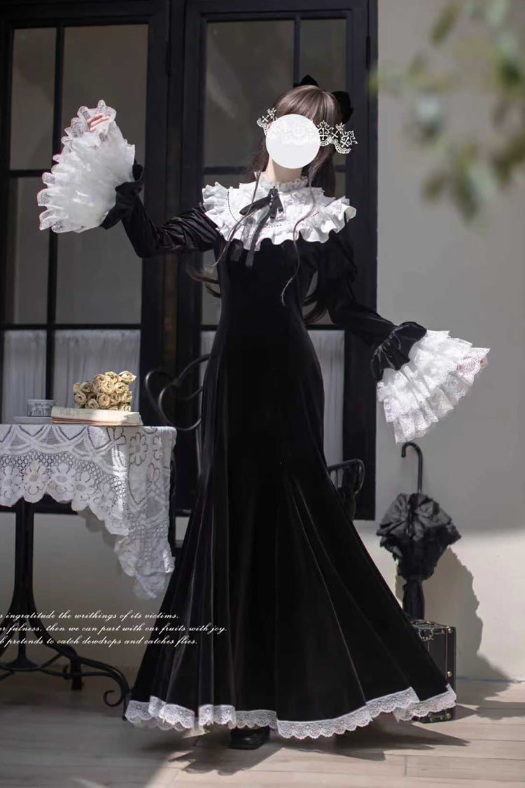 Black Raven-Feather Poetic Letter Velvet Long Hime Sleeves Ruffle Bowknot Gothic Elegant Lolita Fishtail Dress