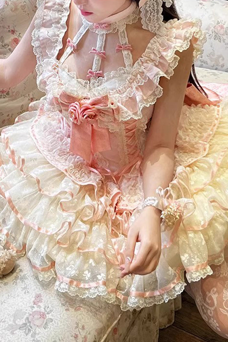 Pink Flower Language of Eros Halterneck Multi-Layered Ruffle Bowknot Rose Lace Lace-Up Sweet Ballet Lolita Jsk Dress