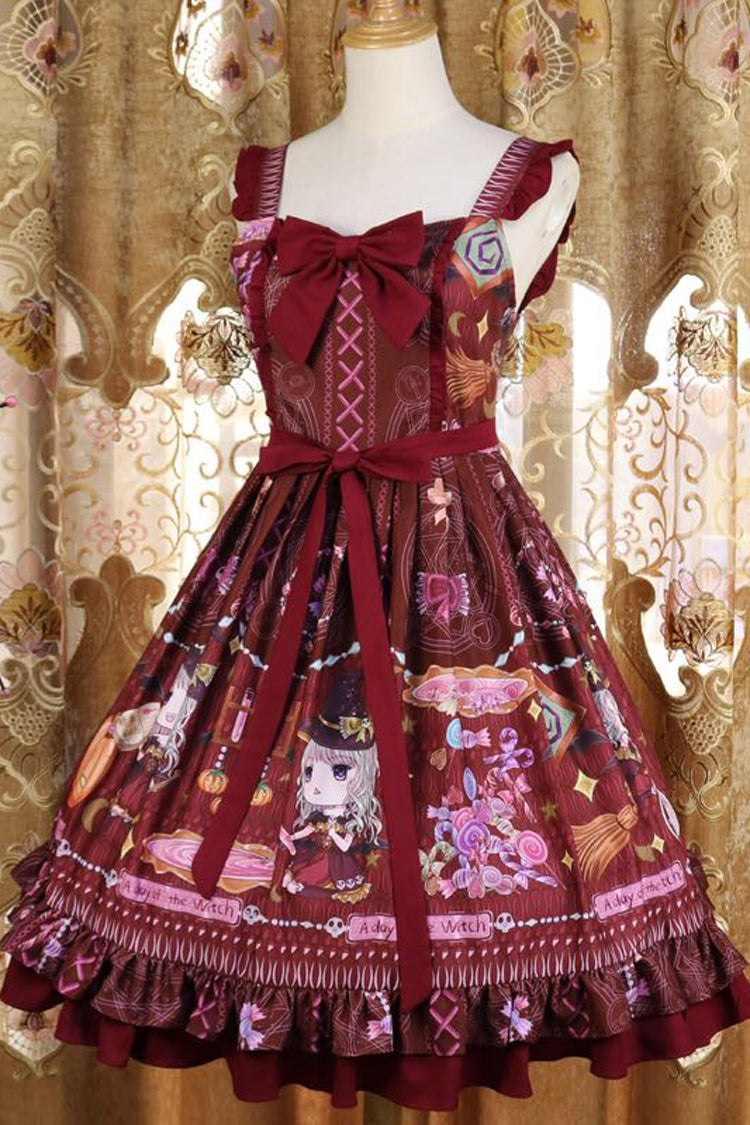 Red Little Witch Sleeveless Print Ruffle Bowknot Sweet Elegant Lolita Jsk Dress