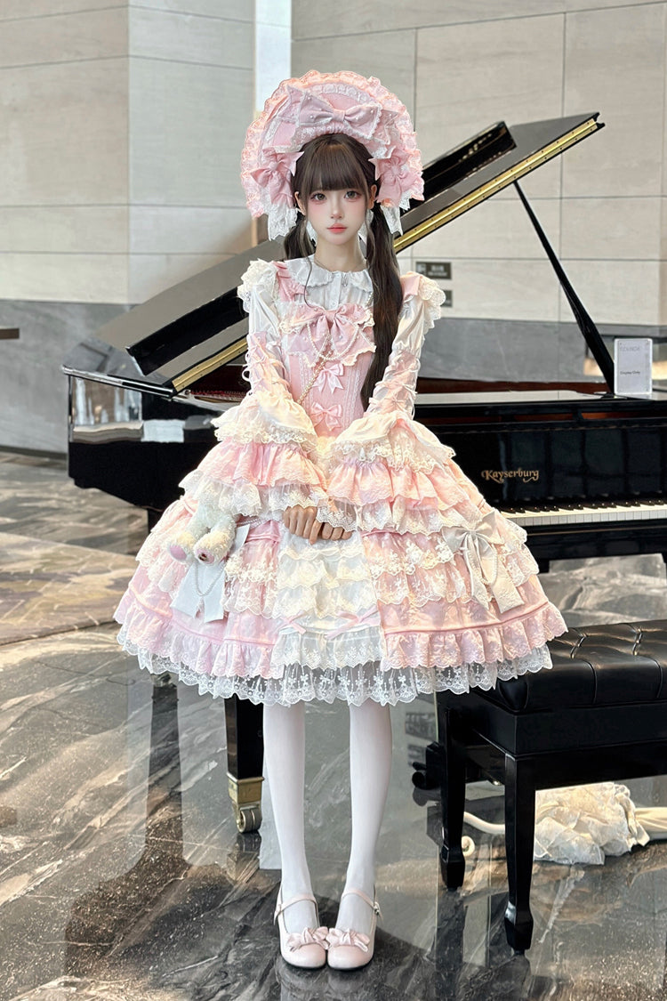 Sakura Love Multi-Layered Jacquard Ruffle Embroidery Cardigan Bowknot Lace Sweet Gorgeous Lolita Jsk Dress 2 Colors