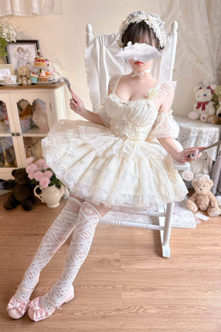 Ivory Tidal Triple-Layered Ruffle Bowknot Sweet Lolita Skirt 2 Versions