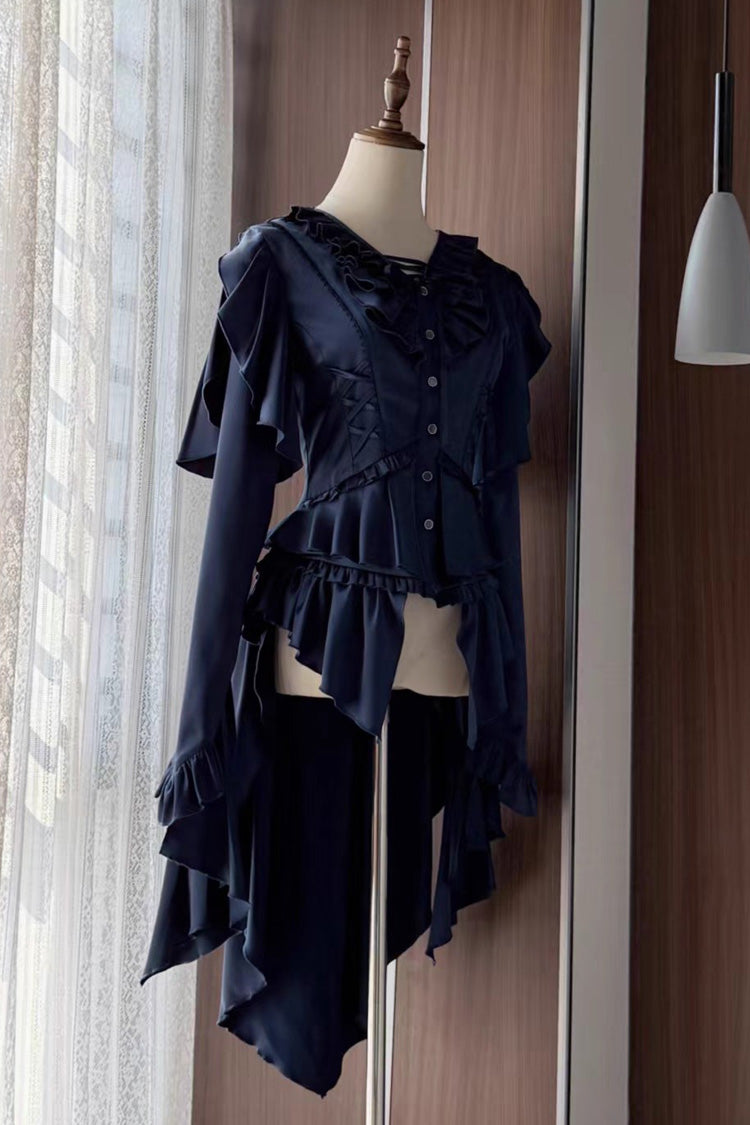 Echoes of the Deep Sea Long Hime Sleeves Ruffled Bow Lace-Up Gothic Ouji Lolita Blouse 4 Colors