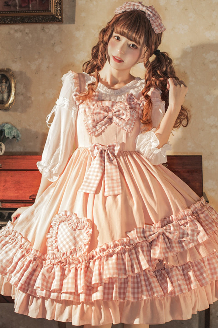 Pink Love Heart Shape Pockets Bowknot Ruffled Multi-Layer Sweet Lolita Jsk Dress