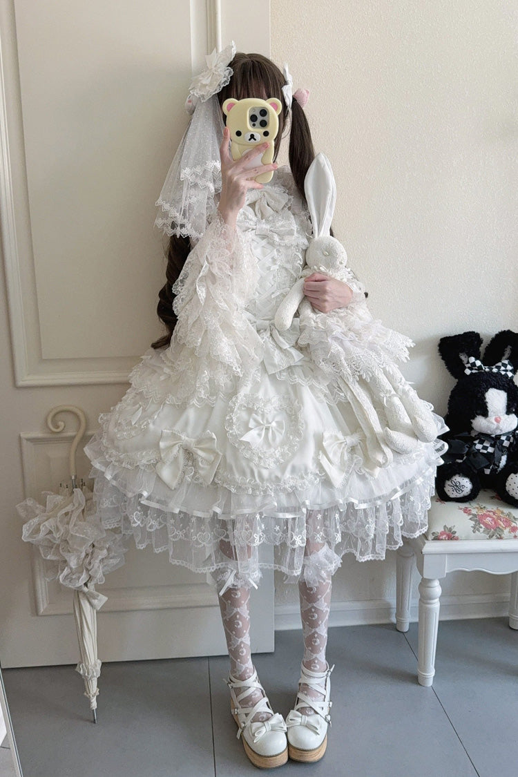 White Sweetheart Sleeveless Multi-Layered Embroidered Bow Lace Lace-Up Sweet Lolita Jsk Dress