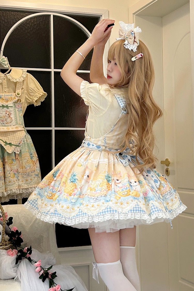 Yellow Pineapple Cat Print Sleeveless Bowknot Lace Sweet Lolita Strap Dress