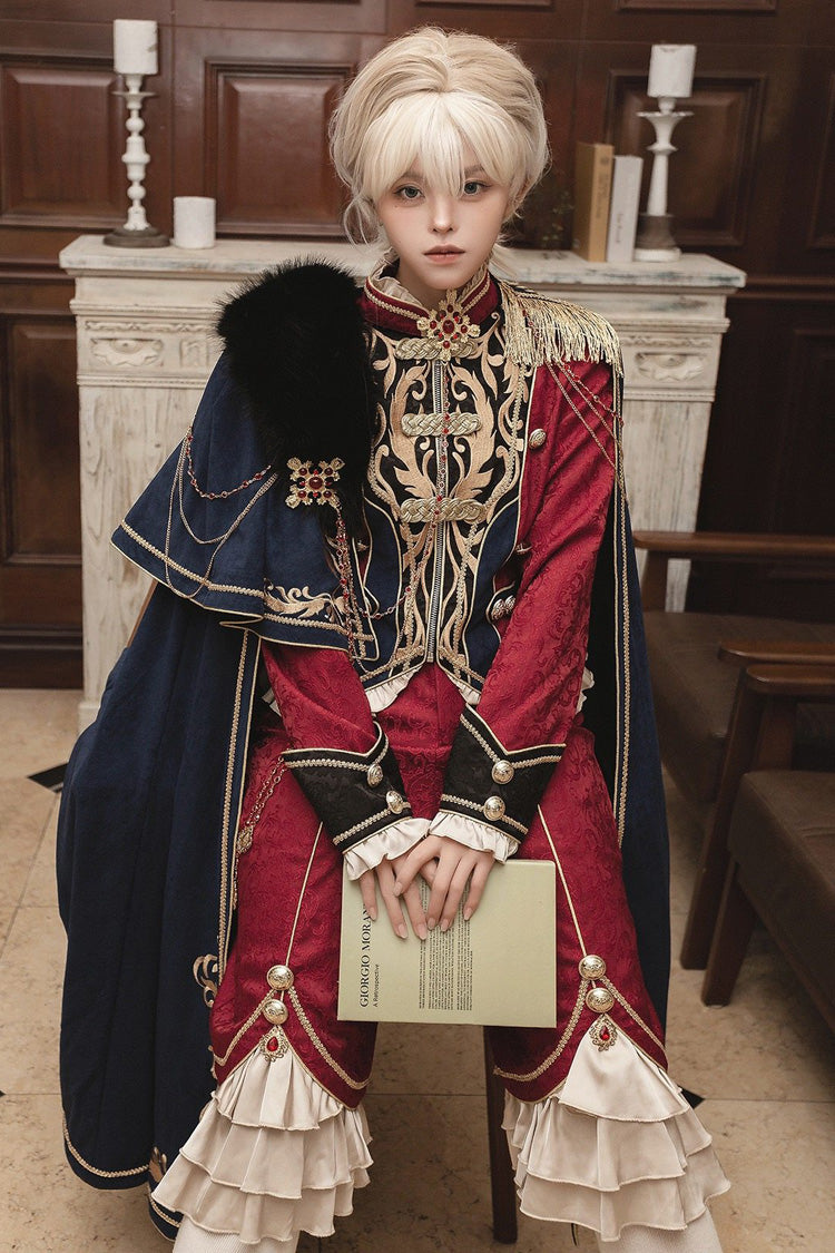Red/Blue Royal Glory Stand Collar Long Sleeves Ruffled Embroidered Gothic Vintage Prince Palace Ouji Lolita Set