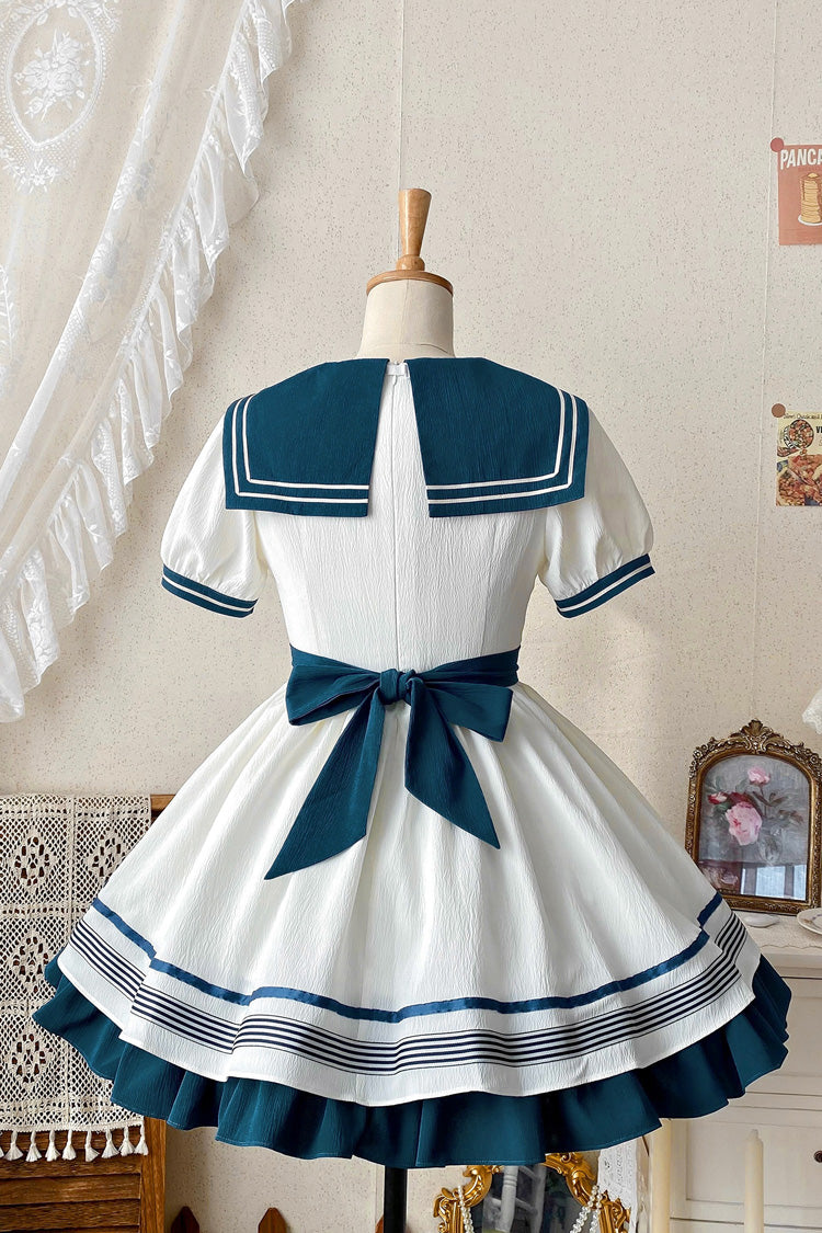 White/Green Navy Collar Short Sleeves Ruffle Bowknot Sweet Lolita Dress