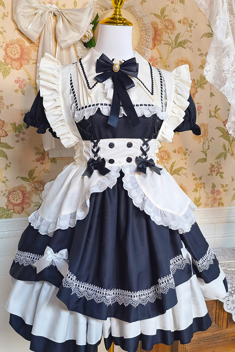 Black/White Short Sleeves Triple-Layered Ruffle Bowknot Lace Sweet Plus Size Maid Lolita Dress Set