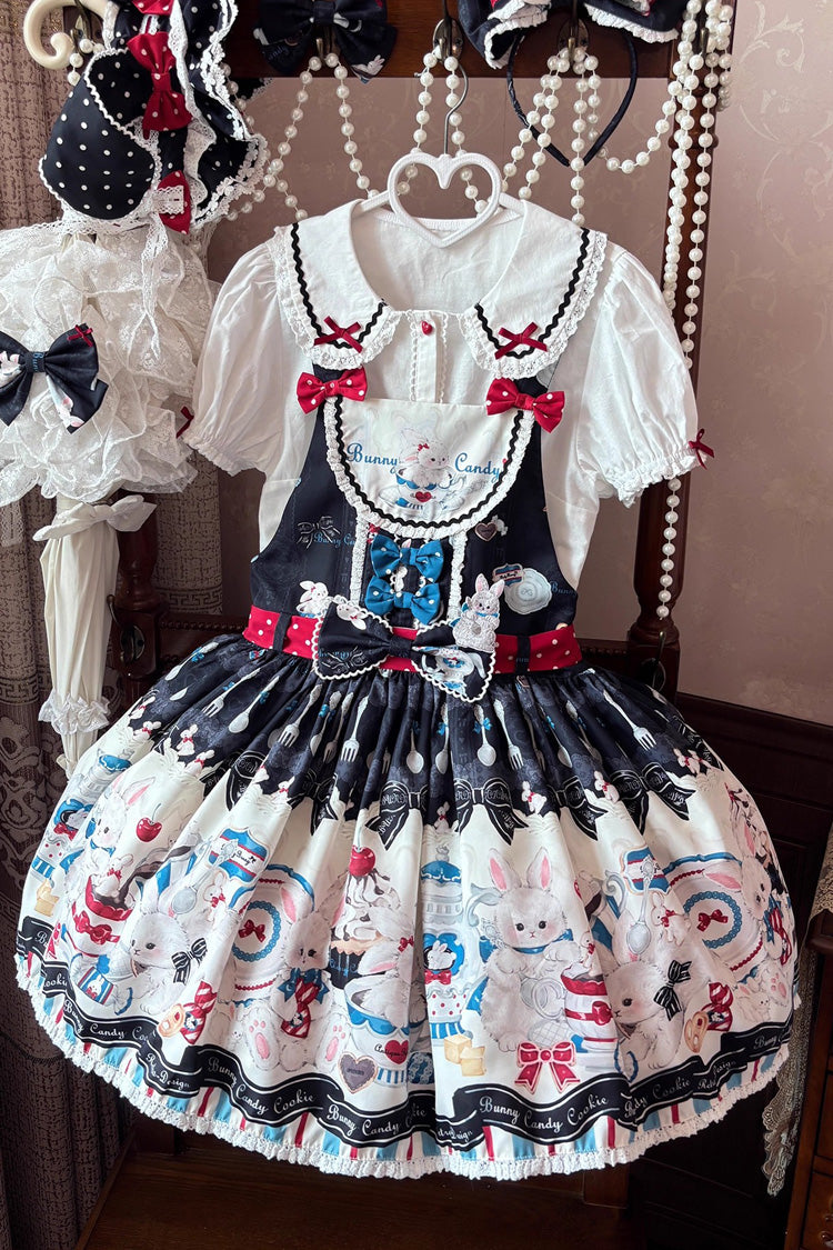Black Mystery Rabbit Tea Party Sleeveless Print Bowknot Lace Sweet Lolita Strap Dress