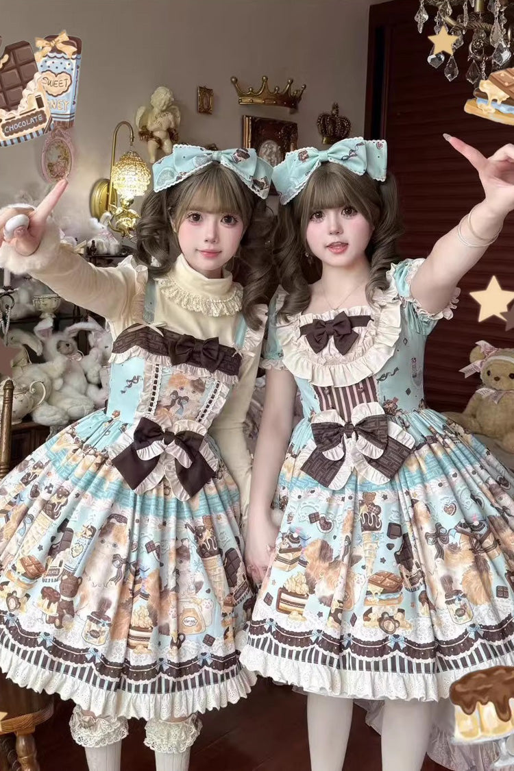 Chocolate Cake Party Square Collar Sleeveless Printed Ruffled Bow Daily Sweet Lolita Jsk Dress 2 Colors