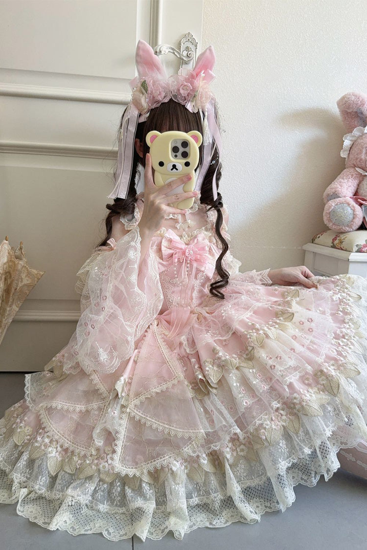 Pink Falling Flowers in the Rain Sleeveless Ruffle Embroidery Bowknot Sweet Chinese Style Lolita Jsk Dress
