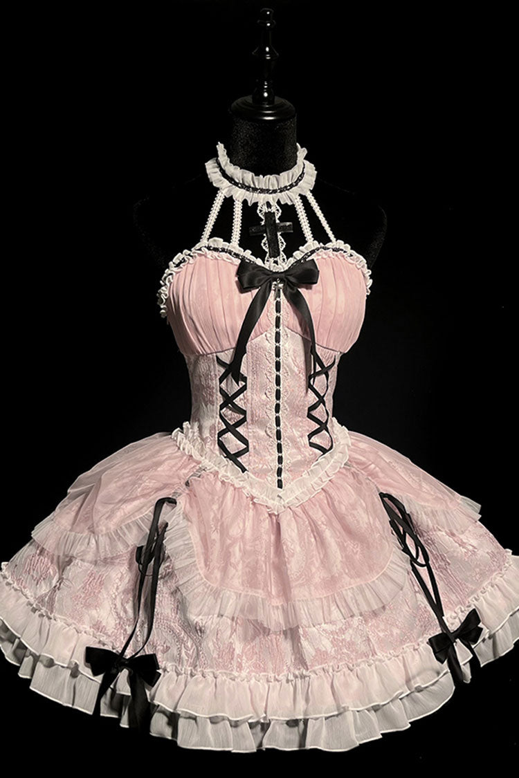Pink Cross Halterneck Ruffle Bowknot Lace Lace-Up Princess Sweet Lolita Dress