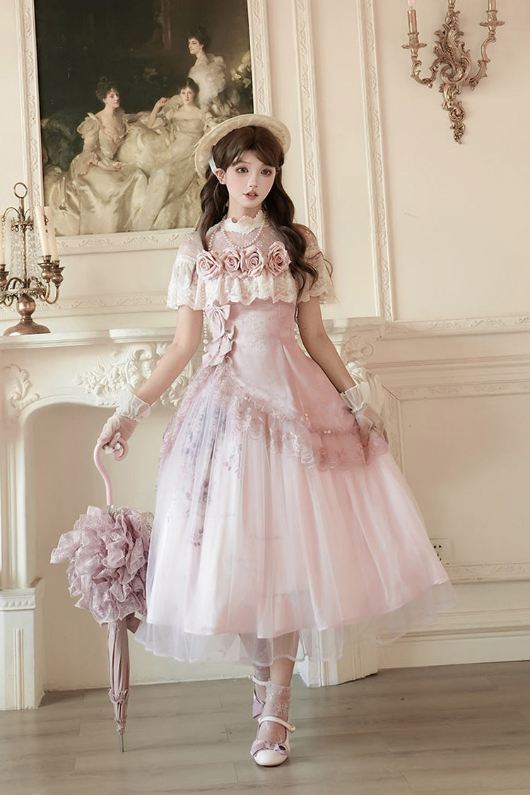Pink Rose Poems Ruffle Embroidery Bowknot Lace Asymmetric Sweet Elegant Lolita Dress Set