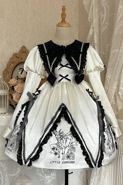 Beige Doll Lapel Collar Long Sleeves Little Confused Print High Waisted Sweet Lolita OP Dress