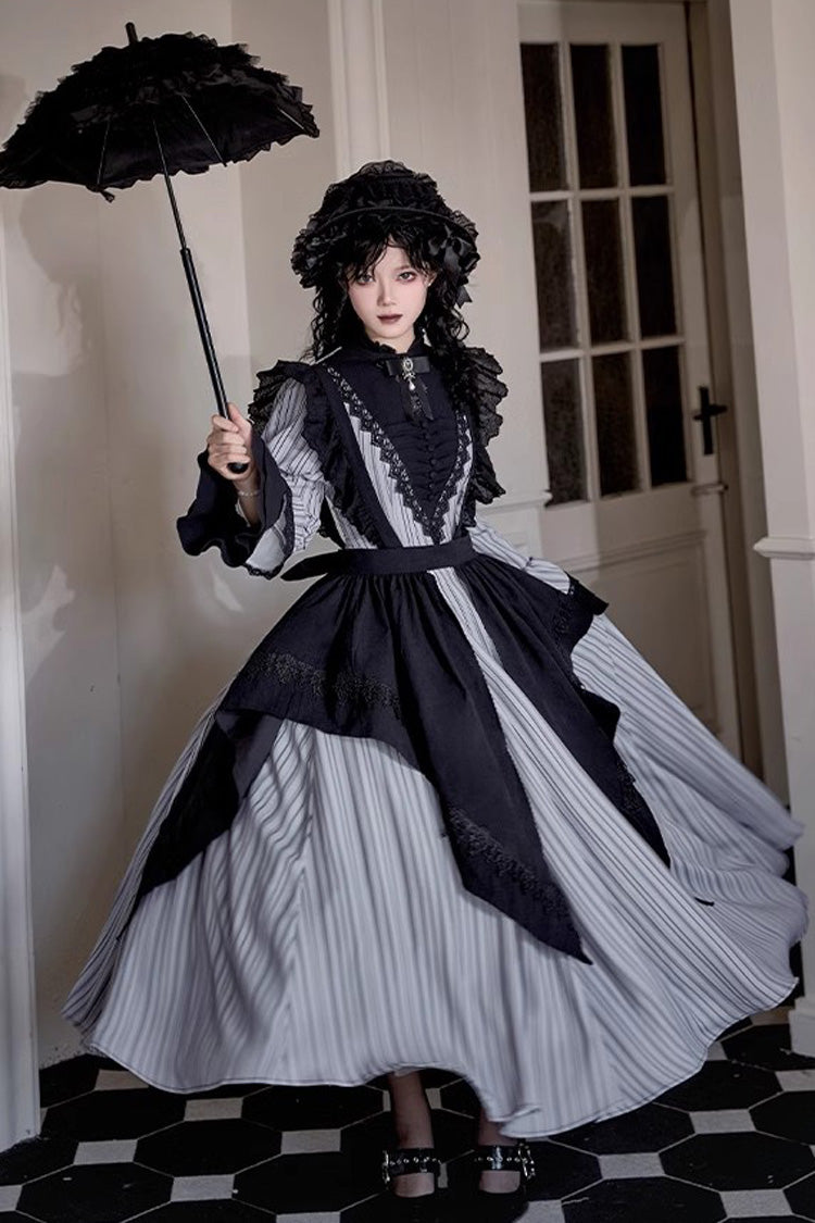 Light Grey Nocturne Vertical Stripes Print Ruffle Bowknot Lace Gothic Lolita Dress 2 Versions