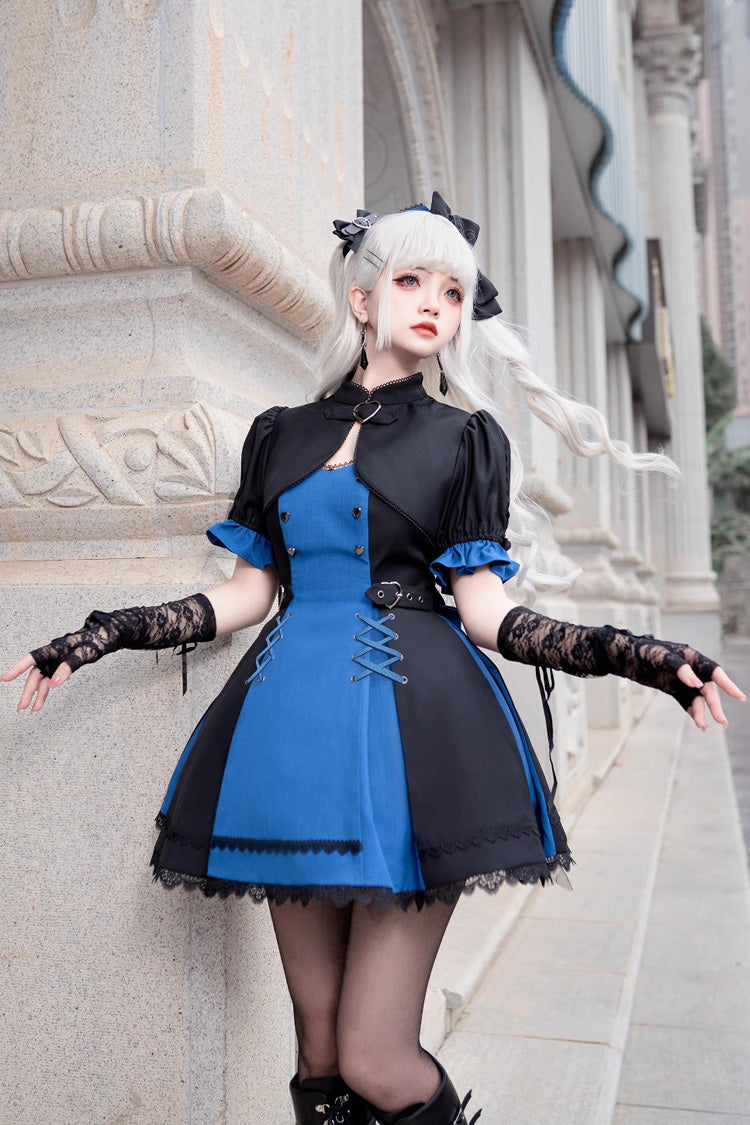 Black/Blue Night Liana Ruffle Bowknot Lace-Up Sweet Japanese Lolita Jumper Dress Set